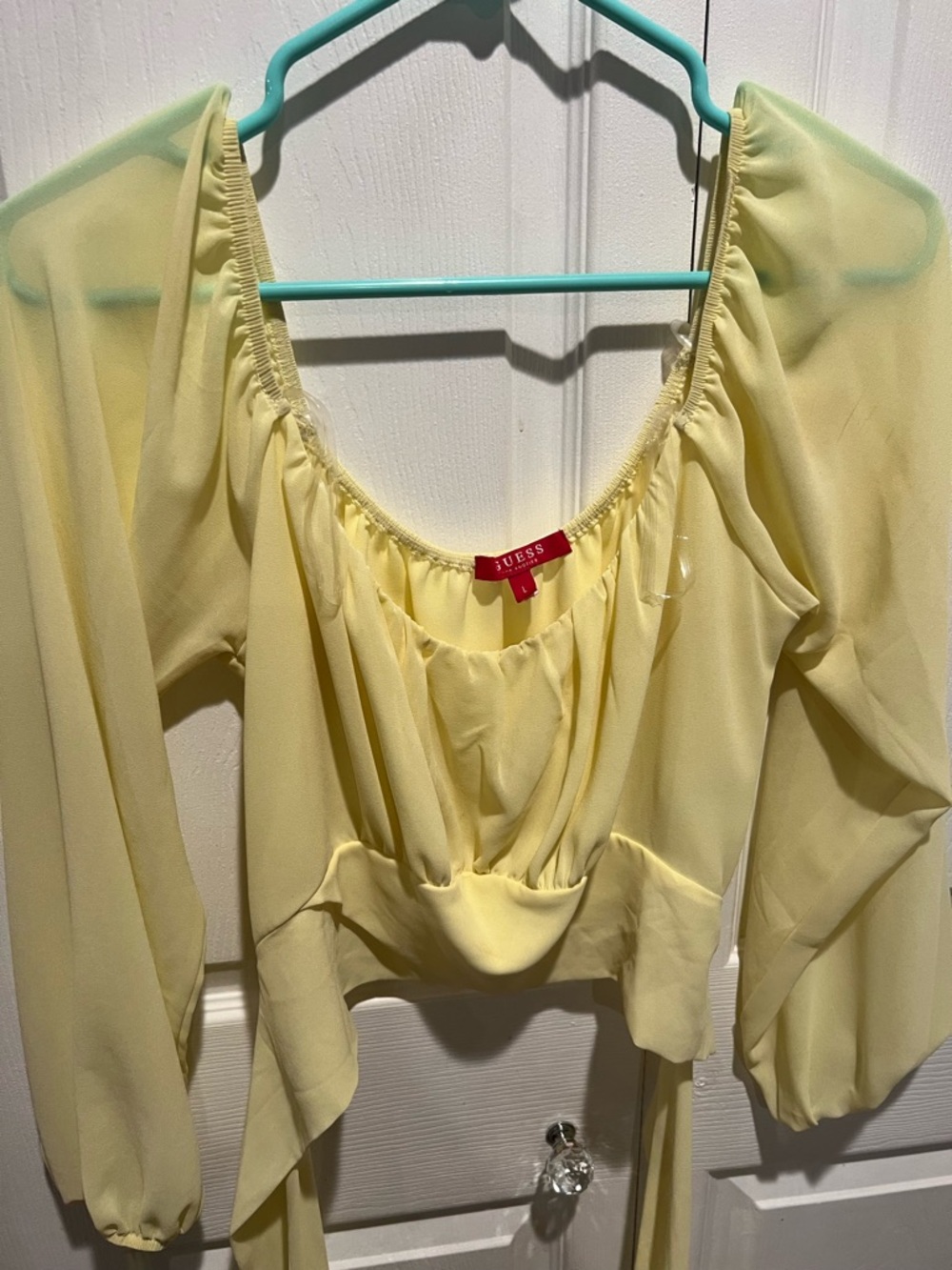 GUESS Pale Yellow Sheer Peasant Top